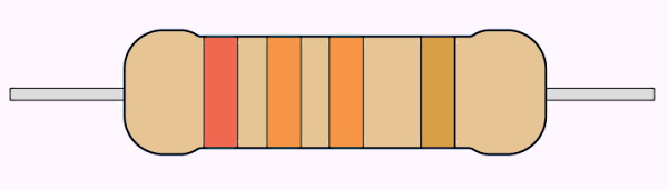 تصویری از یک قطعه مقاومت الکتریکی با رنگ‌های مختلف قرمز و نارنجی و زرد