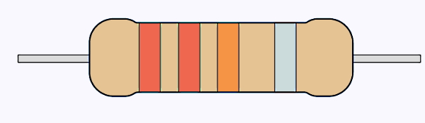 تصویری از یک قطعه مقاومت الکتریکی با رنگ‌های مختلف قرمز و نارنجی و نقره‌ای