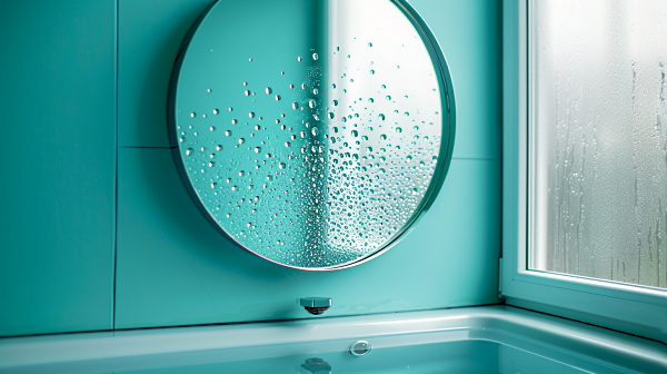 یک آینه گرد در حمام با قطرات آبی که روی آینه ایجاد شده است.