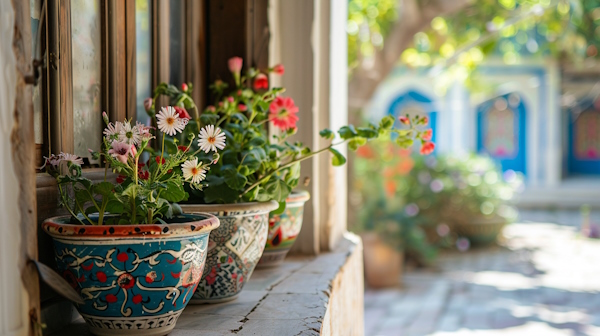 چند گلدان سفالی پر از گل در یک خانه قدیمی و کنار پنجره گذاشته شده اند - حسن تعلیل چیست