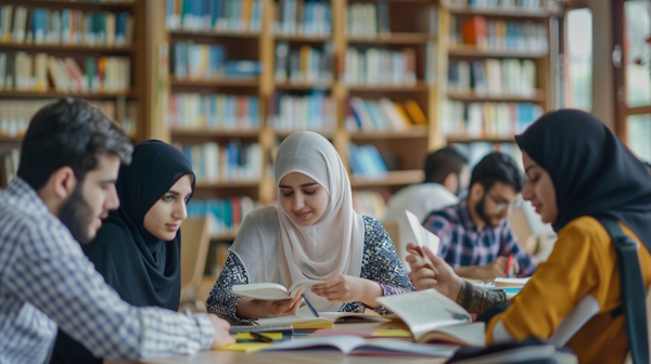 چند دانش آموز در کتابخانه مدرسه در حال مطالعه درس عربی هستند