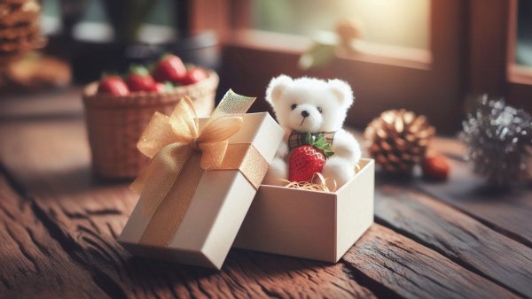 یک خرس عروسکی که درون جعبه هدیه قرار دارد