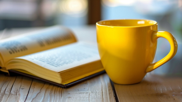 تصویر یک فنجان زرد کنار یک کتاب