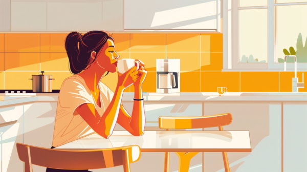 تصویر بانویی در حال نوشیدن قهوه پشت میزش