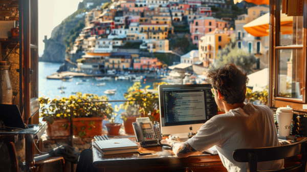 مهندس جوان در یک شهر ساحلی رو به پنجره‌ای که به دریا باز می‌شود نشسته و با کامپیوتر خود کدنویسی می‌کند.