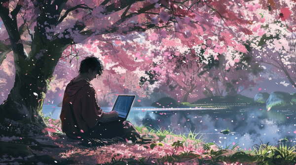 مرد جوانی در زیر درختی پر از شکوفه و در کنار برکه بر روی زمین نشسته و با لپتاپش کار می‌کند. - نحوه نوشتن الگوریتم برنامه نویسی