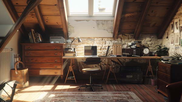 اتاق زیر شیروانی با میز مخصوص کار و لپاپ بر روی آن رو به روی پنجره