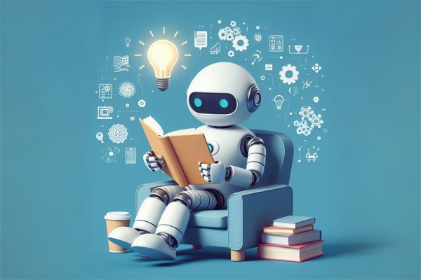رباتی در حال کتاب خواندن که بیانگر مفهوم معرفی کتاب یادگیری ماشین است