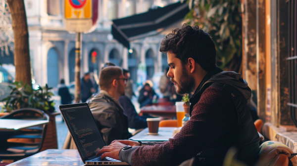 مرد جوانی در حال کار با لپتاپ در کافه‌ای نشسته است. - متدهای رشته در پایتون
