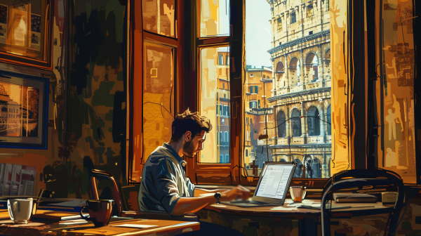 پسر برنامه نویس در یک کافه رو به استادیوم رم نشسته است و با لپتاپ کار می‌کند.