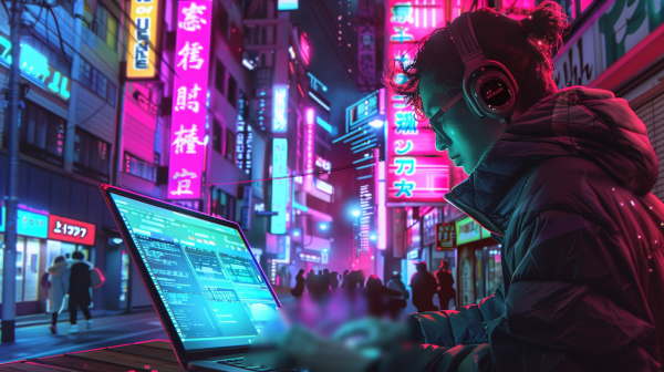 برنامه‌نویسی در شب در سطح شهر توکیو با لپتاپش کار می‌کند. - نحوه نوشتن الگوریتم برنامه نویسی