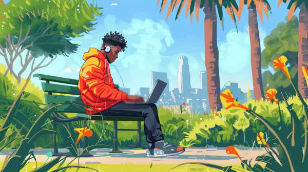پسر جوان سیاه پوست در پارک نشسته و با لپتاپ کار می‌کند.