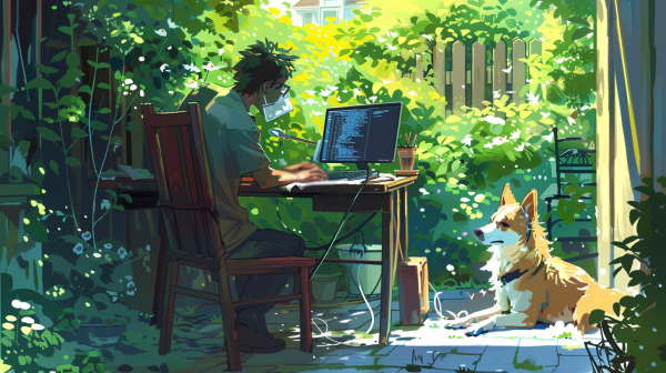 برنامه نویس کد نویسی می‌کند. سگش به او خیره شده است.