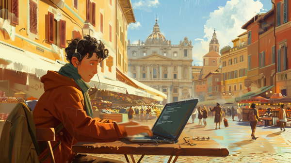 پسر جوانی در هوای آفتابی در سطح شهر با لپتاپ کار می‌کند.