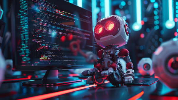 یک ربات کوچک چرخ دارد با چشمانی قرمز در مقابل مانیتوری که کدنویسی را نشان می‌دهد قرار دارد. - نحوه نوشتن الگوریتم برنامه نویسی