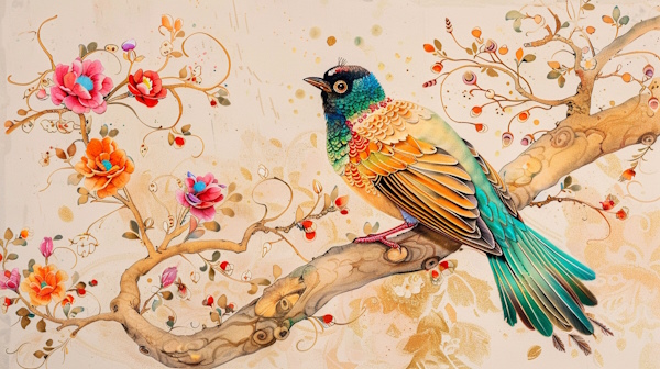 یک پرنده روی شاخه درخت و در کنار گل ها نشسته است