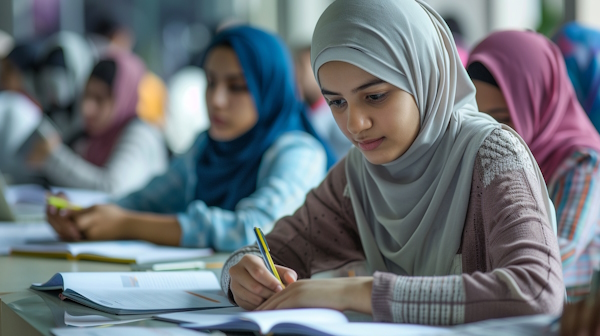 تعدادی دانش آموز در حال آموختن درس عربی در مدرسه