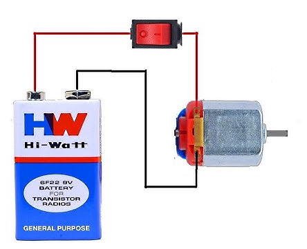 مداری متشکل از یک باتری کتابی، یک کلید و یک موتور dc