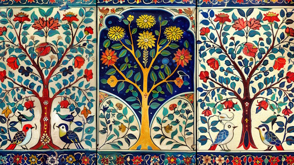 کاشی سنتی ایرانی با طرح درخت و گل و پرنده
