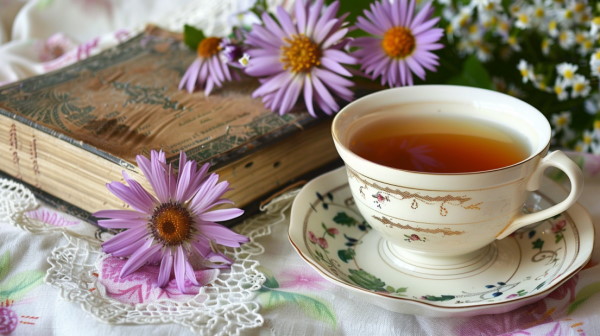 تصویر یک فنجان چای در کنار یک کتاب