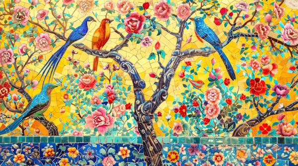 کاشی های سنتی با نقش گل و درخت و پرنده های ایرانی