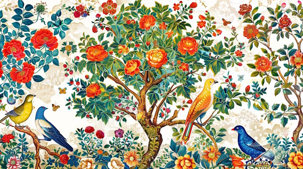 طرح درخت و گل و پرنده روی کاشی های سنتی ایرانی - واژه بست چیست