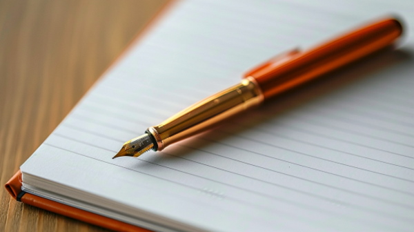 تصویر یک خودکار نارنجی که روی دفترچه‌ای قرار دارد.