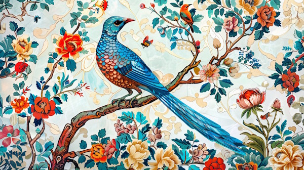 کاشی ایرانی با طرح یک پرنده که روی شاخه درخت و در کنار گل ها نشسته است - واژه مشتق چیست