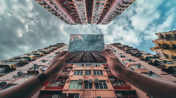 دو دست در حال نگه داشتن عکس چاپ شده یک ساختمان رو به روی ساختمان واقعی رو به آسمان
