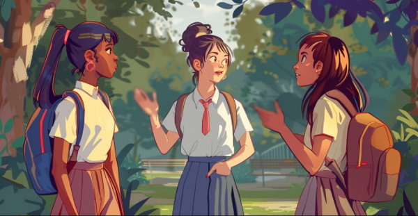 تصویر سه دختر مدرسه‌ای که با هم صحبت می‌کنند.
