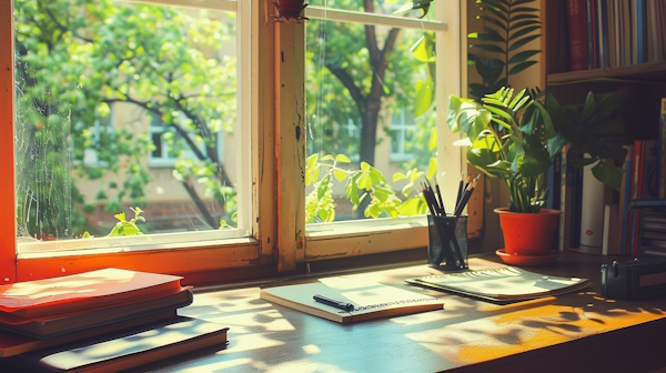 یک میز چوبی در کنار پنجره با چند دفتر و مداد که روی آن قرار دارند 