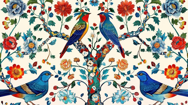 طرح پرنده ها و درخت و گل ها روی کاشی های سنتی ایرانی