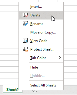انتخاب گزینه Delete در منوی راست کلیک شیت‌ها