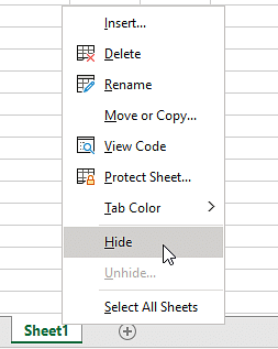 انتخاب گزینه Hide در منوی راست کلیک شیت‌ها