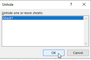 پنجره Unhide برای لغو مخفی کردن شیت در اکسل