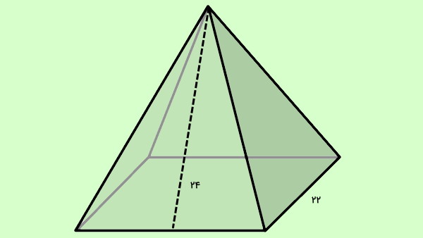 هرم مربع القاعده به ضلع قاعده ۲۲ و طول مایل ۲۴