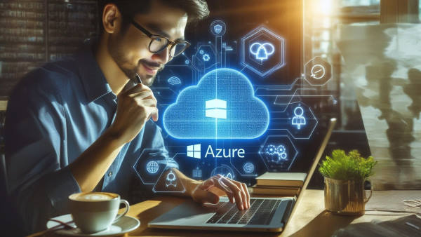 برنامه‌نویس در حال استفاده از خدمات Microsoft Azure است و لوگو Azure نیز روی لپ تاپش دیده می‌شود