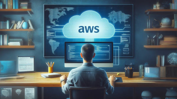 برنامه‌نویس پشت مانیتور بزرگ نشسته است و در حال استفاده از خدمات رایانش ابری AWS است