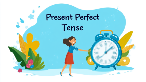 تصویر دختری در حال هل دادن یک ساعت بزرگ و یالای سرش نوشته شده Present Perfect Tense