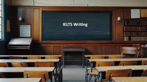 تصویر کلاس درسی قدیمی که روی تخته سایه آن نوشته شده: IELTS Writing