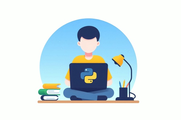 فردی در حال کار کردن با لپ تاپی که لوگو پایتون در پشت آن قرار گرفته است