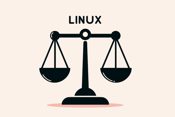 ترازویی با متن Linux بالا آن که بیانگر مزایا و معیاب لینوکس است