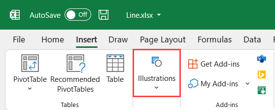 انتخاب بخش Illustrations در سربرگ Insert در اکسل