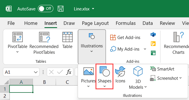 بخش Shapes در سربرگ Insert در اکسل