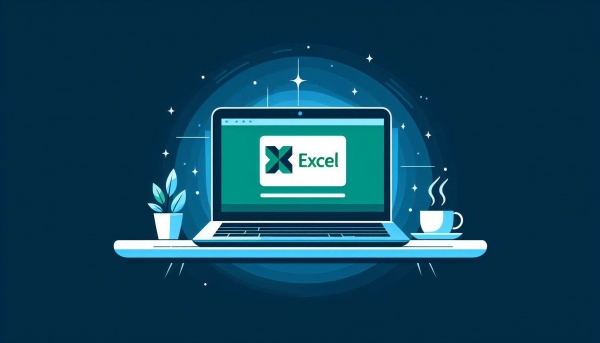 لپ تاپ باز روی میز با نوشته x و excel