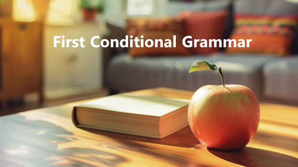 تصویر یک سیب در کنار یک کتاب که بالای آن نوشته شده است: «First Conditional Grammar»