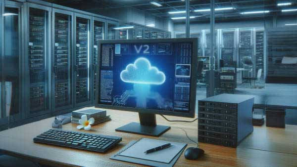 مانیتوری روی میز قرار دارد که در صفحه نمایش آن تصویر نرم‌افزار V2 CLOUD دیده می‌شود - مجازی سازی چیست