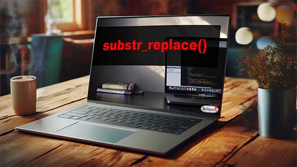 لپ تاپ روی میز گذاشته شده است و تابع substr_replace در صفحه نمایش آن دیده می‌شود - رشته در PHP