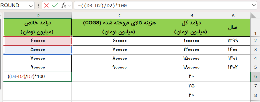 محاسبه درصد تعییرات درآمد خالص-percentage