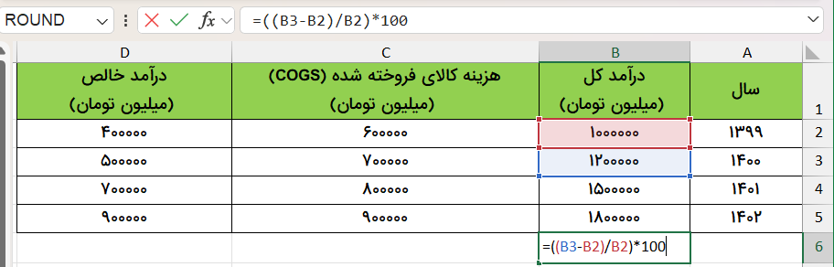 فرمول محاسبه درصد-درصد گیری بین دو عدد در اکسل